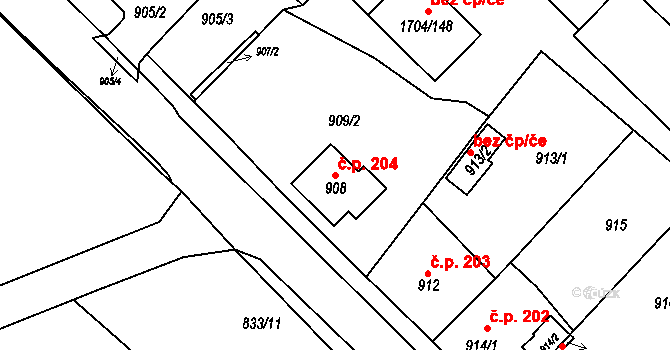 Miřetice u Klášterce nad Ohří 204, Klášterec nad Ohří na parcele st. 908 v KÚ Miřetice u Klášterce nad Ohří, Katastrální mapa