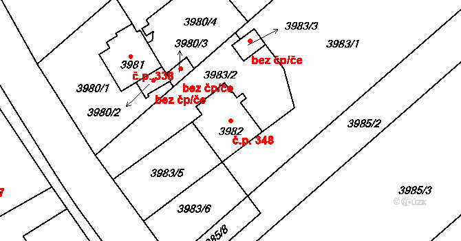 Lískovec 348, Frýdek-Místek na parcele st. 3982 v KÚ Lískovec u Frýdku-Místku, Katastrální mapa