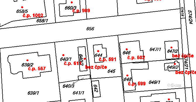 Šeberov 591, Praha na parcele st. 644 v KÚ Šeberov, Katastrální mapa