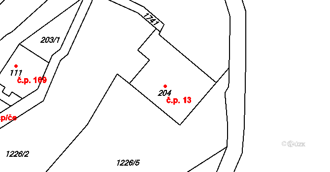 Dětřichov 13 na parcele st. 204 v KÚ Dětřichov u Frýdlantu, Katastrální mapa