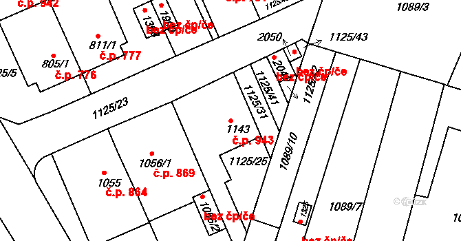 Ivančice 943 na parcele st. 1143 v KÚ Ivančice, Katastrální mapa