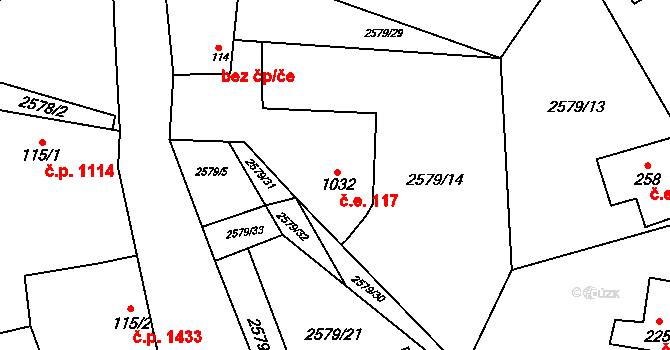 Ivančice 117 na parcele st. 1032 v KÚ Kounické Předměstí, Katastrální mapa