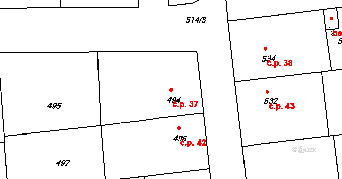 Krásensko 37 na parcele st. 494 v KÚ Krásensko, Katastrální mapa