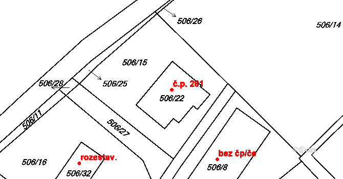 Jaroslavice 281, Zlín na parcele st. 506/22 v KÚ Jaroslavice u Zlína, Katastrální mapa
