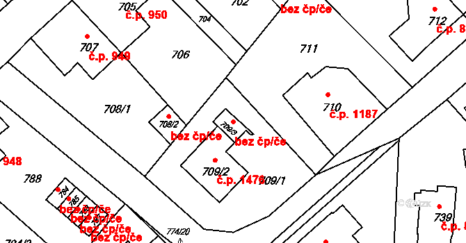 Jirkov 45054363 na parcele st. 709/3 v KÚ Jirkov, Katastrální mapa