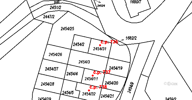 Blučina 735 na parcele st. 2454/31 v KÚ Blučina, Katastrální mapa