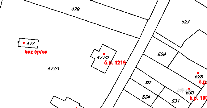 Rousínov 1219 na parcele st. 477/2 v KÚ Rousínov u Vyškova, Katastrální mapa