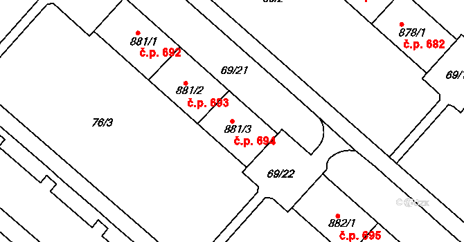 Neratovice 694 na parcele st. 881/3 v KÚ Neratovice, Katastrální mapa