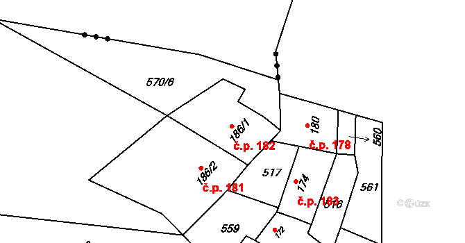 Úholičky 182 na parcele st. 186/1 v KÚ Úholičky, Katastrální mapa