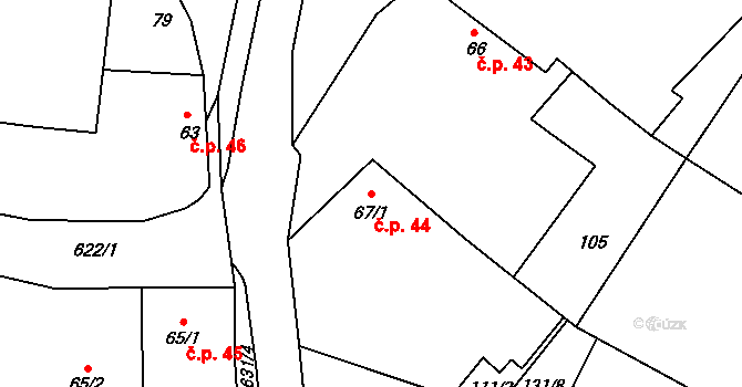 Hustířany 44, Velichovky na parcele st. 67/1 v KÚ Hustířany, Katastrální mapa