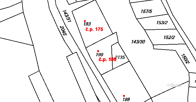 Svitávka 186 na parcele st. 199 v KÚ Svitávka, Katastrální mapa