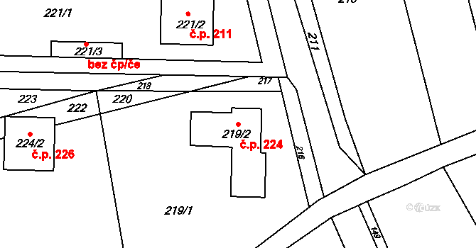 Sentice 224 na parcele st. 219/2 v KÚ Sentice, Katastrální mapa