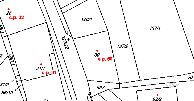 Roveň 60, Rychnov nad Kněžnou na parcele st. 30 v KÚ Roveň u Rychnova nad Kněžnou, Katastrální mapa