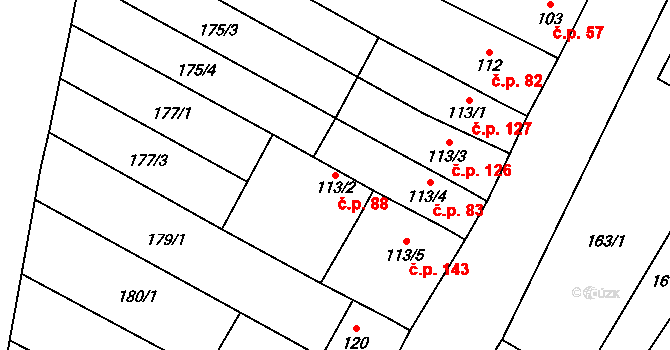 Lískovec 88, Koryčany na parcele st. 113/2 v KÚ Lískovec, Katastrální mapa