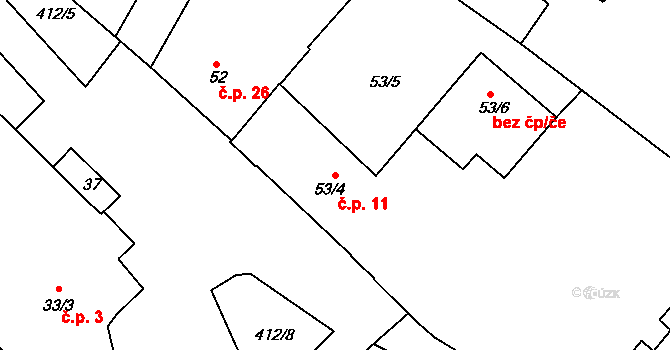 Přerov IX-Lýsky 11, Přerov na parcele st. 53/4 v KÚ Lýsky, Katastrální mapa