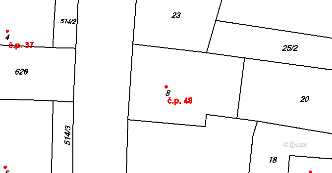 Chvalovice 48, Kovanice na parcele st. 8 v KÚ Chvalovice u Nymburka, Katastrální mapa