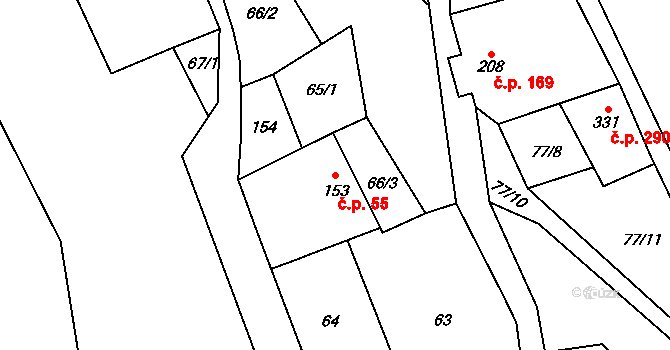 Žleby 55 na parcele st. 153 v KÚ Žleby, Katastrální mapa