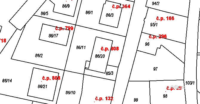 Rudolfov 808 na parcele st. 86/20 v KÚ Rudolfov u Českých Budějovic, Katastrální mapa
