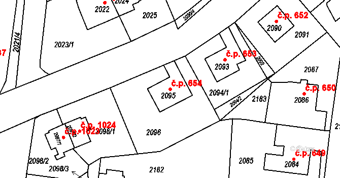 Zruč nad Sázavou 654 na parcele st. 2095 v KÚ Zruč nad Sázavou, Katastrální mapa