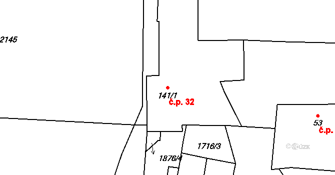 Radonice 32, Dolní Bukovsko na parcele st. 141/1 v KÚ Radonice u Drahotěšic, Katastrální mapa