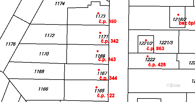 Hrušovany u Brna 343 na parcele st. 1169 v KÚ Hrušovany u Brna, Katastrální mapa