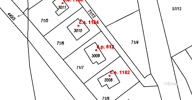 Ostravice 612 na parcele st. 3009 v KÚ Staré Hamry 2, Katastrální mapa