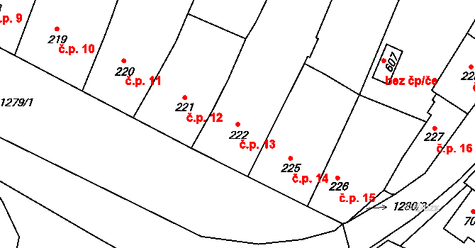 Miletín 13 na parcele st. 222/1 v KÚ Miletín, Katastrální mapa