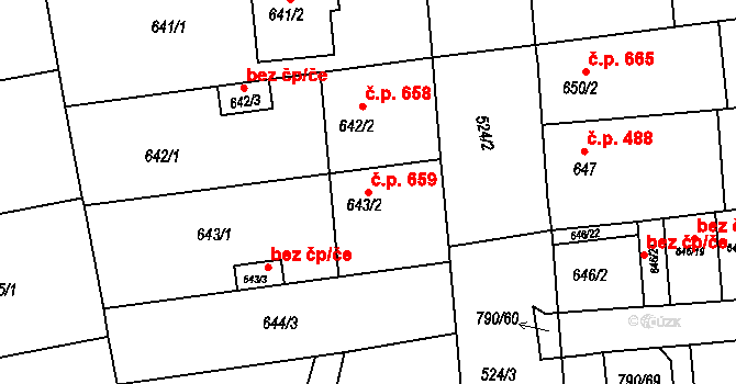 Chrlice 659, Brno na parcele st. 643/2 v KÚ Chrlice, Katastrální mapa