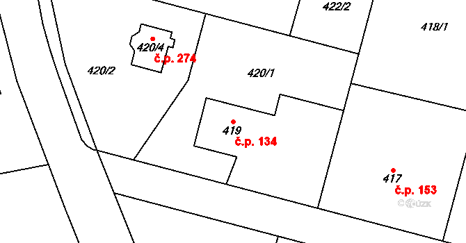 Chlebovice 134, Frýdek-Místek na parcele st. 419 v KÚ Chlebovice, Katastrální mapa