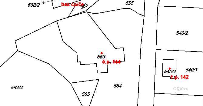 Podlázky 144, Mladá Boleslav na parcele st. 553 v KÚ Podlázky, Katastrální mapa