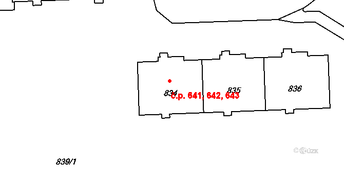Háje 641,642,643, Praha na parcele st. 834 v KÚ Háje, Katastrální mapa