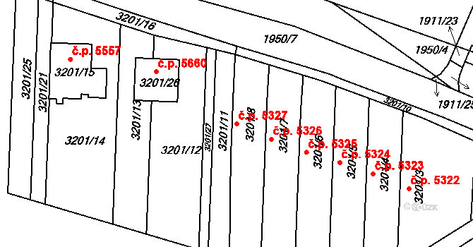 Chomutov 5327 na parcele st. 3201/8 v KÚ Chomutov II, Katastrální mapa