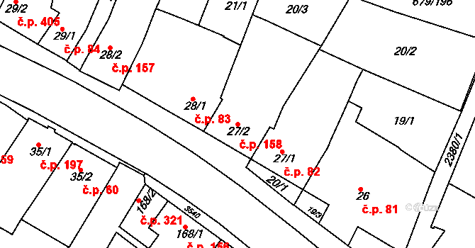 Rosice 158 na parcele st. 27/2 v KÚ Rosice u Brna, Katastrální mapa