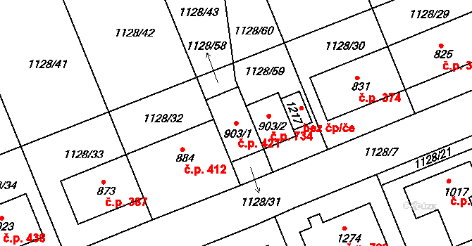 Nučice 421 na parcele st. 903/1 v KÚ Nučice u Rudné, Katastrální mapa
