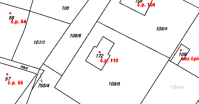Choteč 110 na parcele st. 172 v KÚ Choteč u Holic, Katastrální mapa