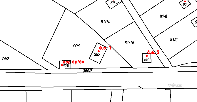 Hrádek 1, Srch na parcele st. 383 v KÚ Hrádek u Pardubic, Katastrální mapa