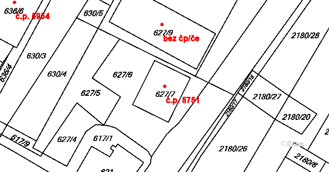 Chomutov 5751 na parcele st. 627/7 v KÚ Chomutov I, Katastrální mapa