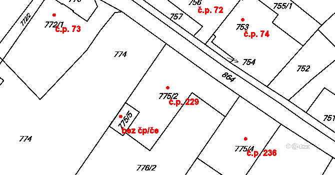 Lhotka 229, Ostrava na parcele st. 775/2 v KÚ Lhotka u Ostravy, Katastrální mapa