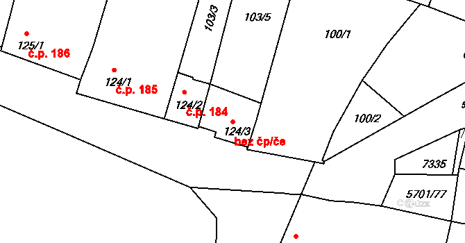 Hrádek 40972364 na parcele st. 124/3 v KÚ Hrádek u Znojma, Katastrální mapa