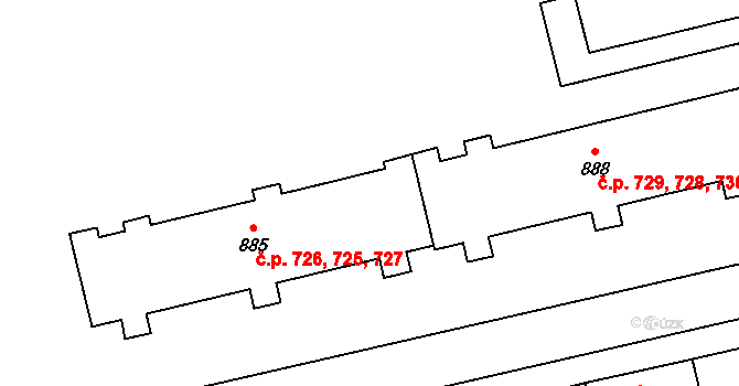 Malenovice 725,726,727, Zlín na parcele st. 885 v KÚ Malenovice u Zlína, Katastrální mapa