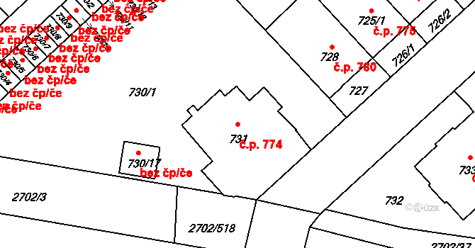 Předměstí 774, Opava na parcele st. 731 v KÚ Opava-Předměstí, Katastrální mapa