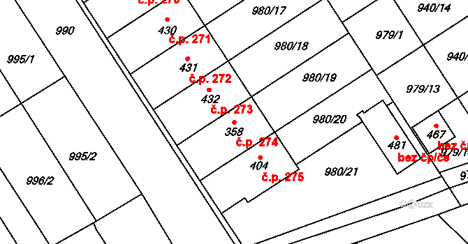 Hostěrádky-Rešov 274 na parcele st. 358 v KÚ Hostěrádky, Katastrální mapa