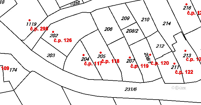 Buchlovice 118 na parcele st. 205 v KÚ Buchlovice, Katastrální mapa