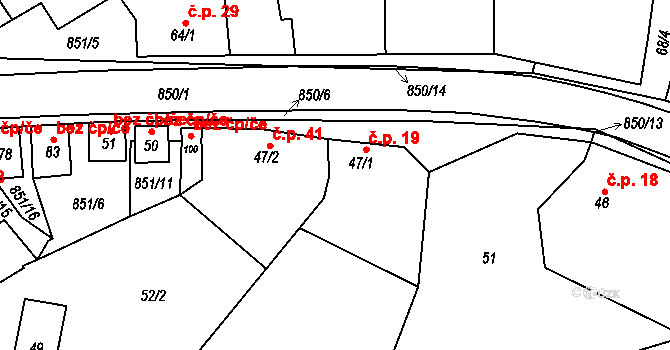Tučapy 19 na parcele st. 47/1 v KÚ Tučapy, Katastrální mapa