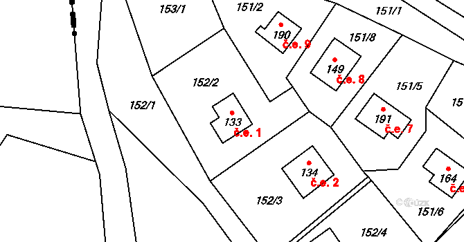 Skrýšov 1, Šebířov na parcele st. 133 v KÚ Šebířov, Katastrální mapa