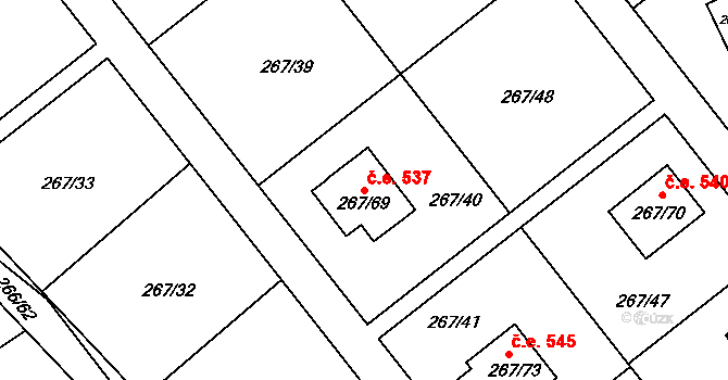 Tušimice 537, Kadaň na parcele st. 267/69 v KÚ Tušimice, Katastrální mapa