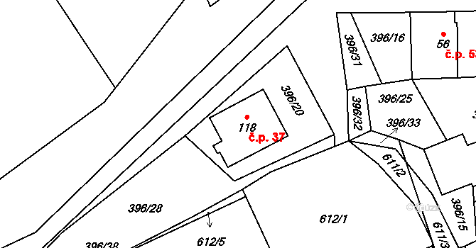 Buk 37 na parcele st. 118 v KÚ Buk pod Boubínem, Katastrální mapa