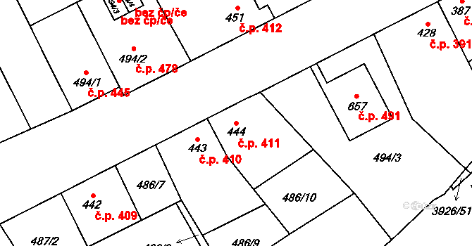 Kryry 411 na parcele st. 444 v KÚ Kryry, Katastrální mapa