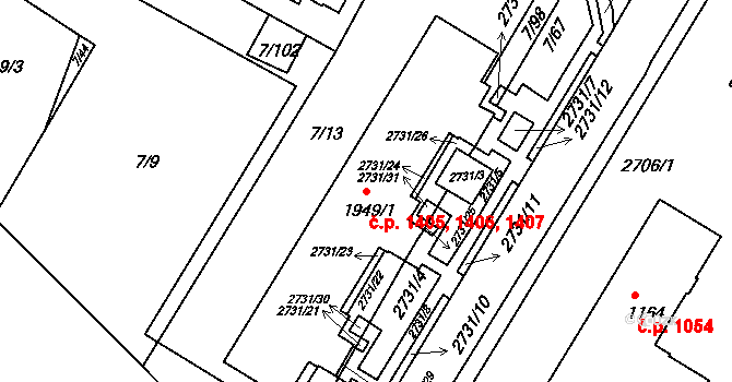 Bystřice pod Hostýnem 1405,1406,1407 na parcele st. 1949/1 v KÚ Bystřice pod Hostýnem, Katastrální mapa