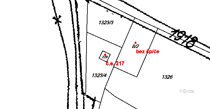 Jazovice 217, Starý Petřín na parcele st. 229 v KÚ Jazovice, Katastrální mapa